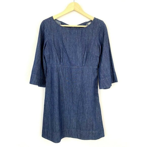 UO COOPERATIVE Brooklyn Dress Blue Denim Mini Bell Sleeve Cross Back Size 4 - Picture 3 of 10
